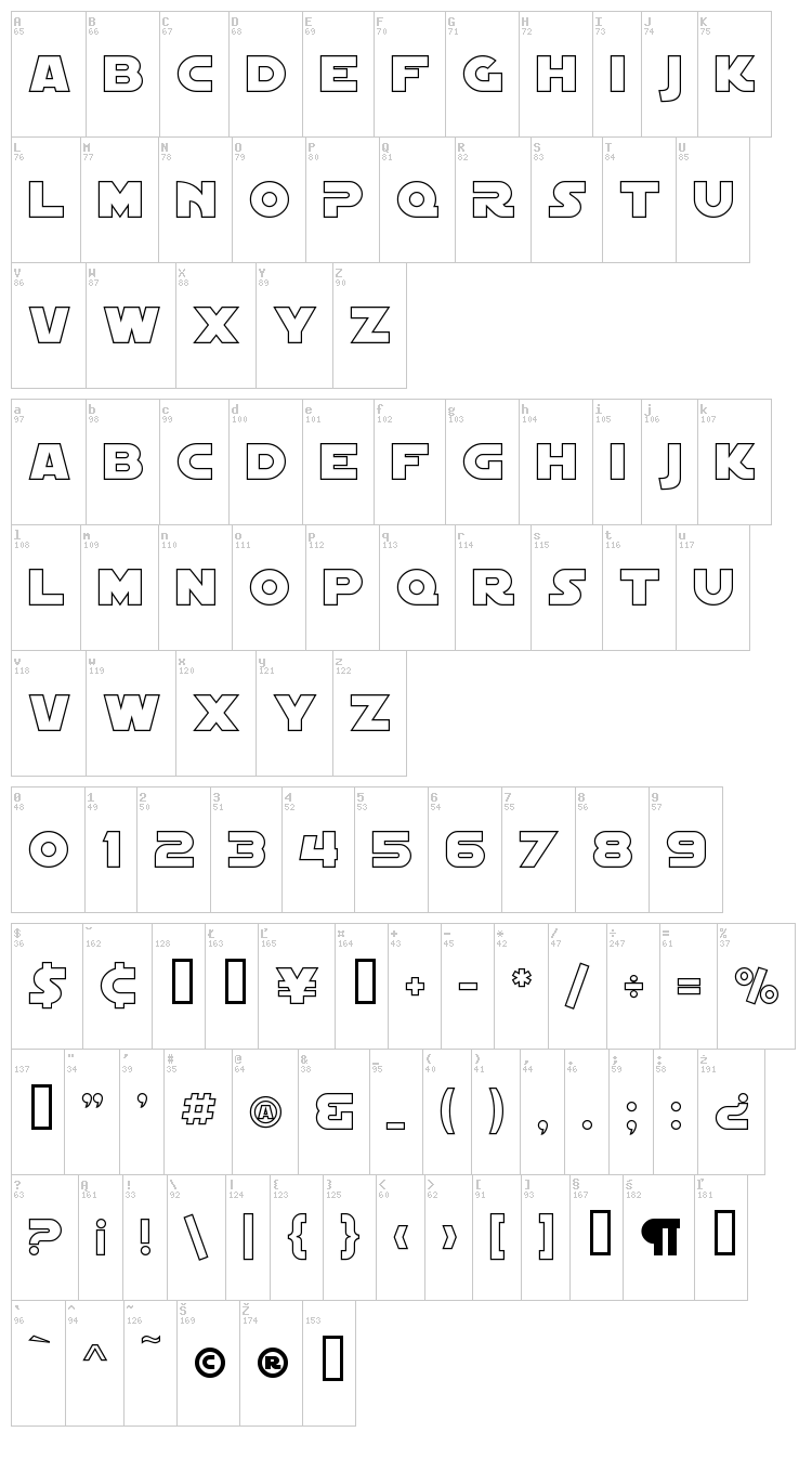 SF Distant Galaxy Symbols font map